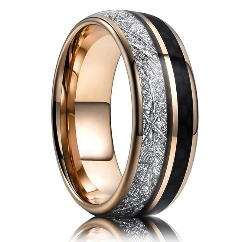 Rose Gold Tungsten Ring with Silver Meteorite & Black Carbon Fiber Inlay (8mm)