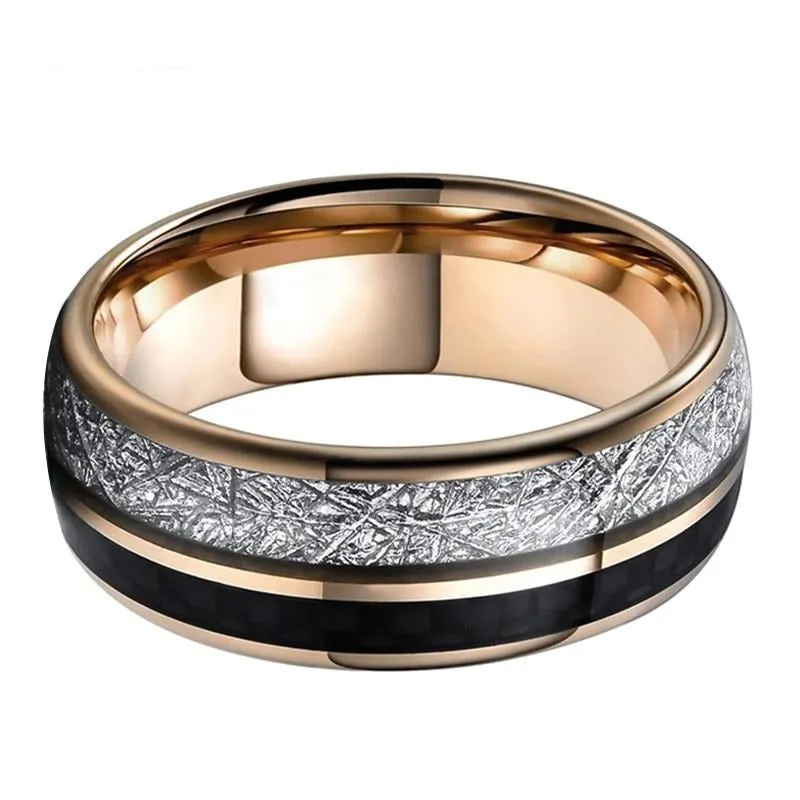 Rose Gold Tungsten Ring with Silver Meteorite & Black Carbon Fiber Inlay (8mm)