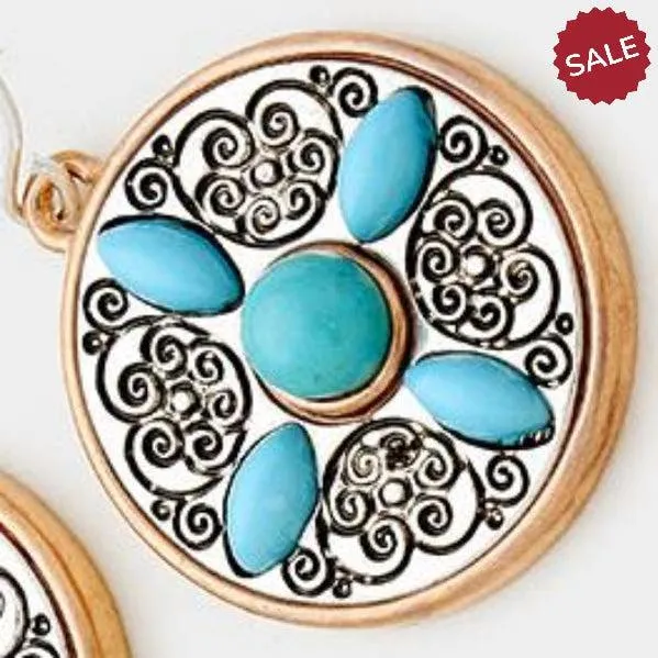 Round Turquoise (Faux) Copper & Silver Earrings