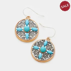 Round Turquoise (Faux) Copper & Silver Earrings