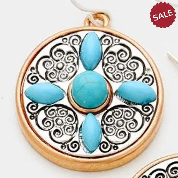 Round Turquoise (Faux) Copper & Silver Earrings