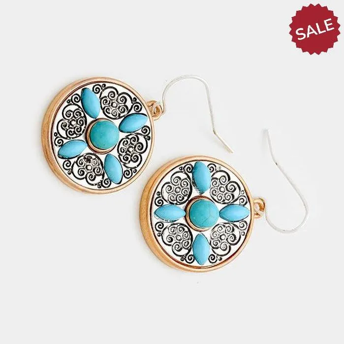 Round Turquoise (Faux) Copper & Silver Earrings