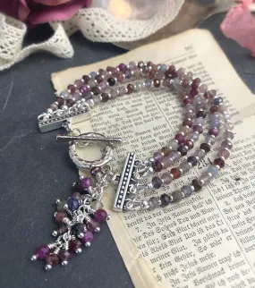 Ruby faceted stone, multi strand, silver bracelet, jewelry