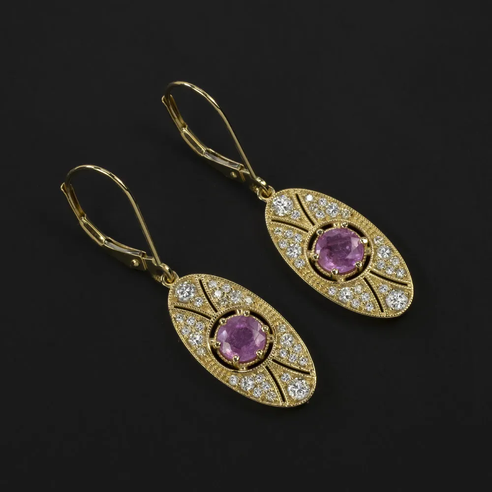 SAPPHIRE DIAMOND DANGLE EARRINGS PINK 14k YELLOW GOLD VINTAGE STYLE OVAL DROP
