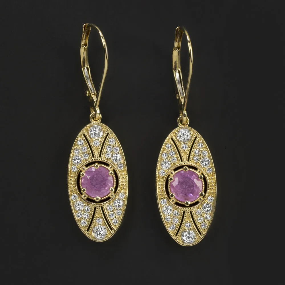 SAPPHIRE DIAMOND DANGLE EARRINGS PINK 14k YELLOW GOLD VINTAGE STYLE OVAL DROP