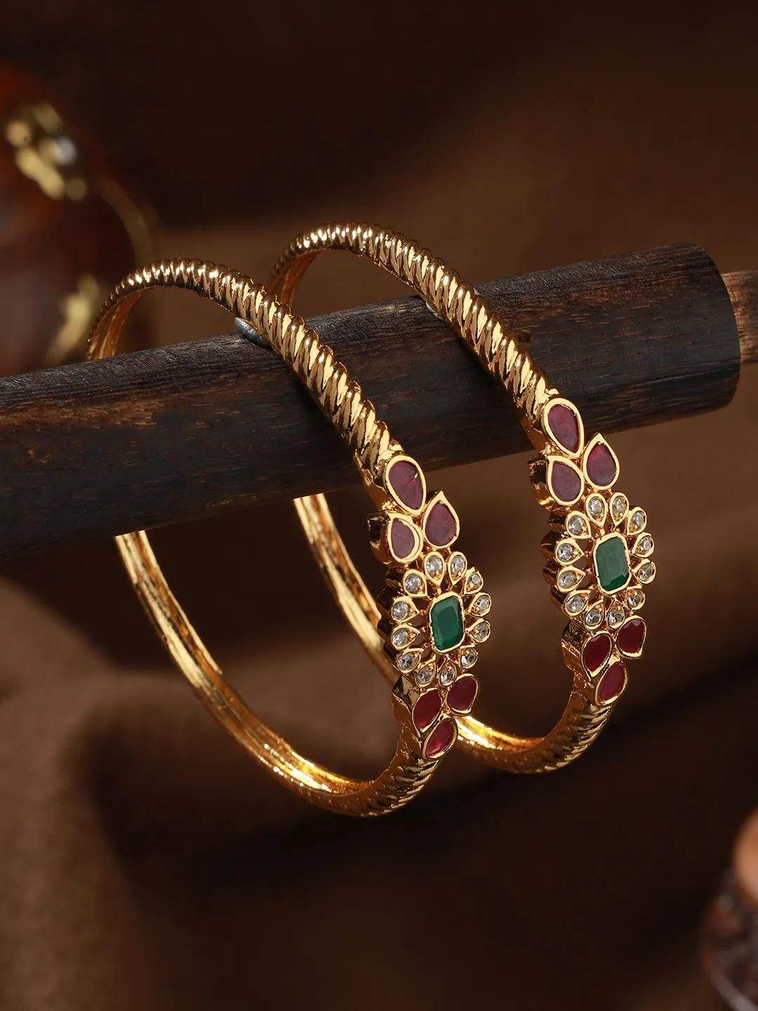 Set Of 2 24Ct Gold-Plated Stone-Studded Bangles