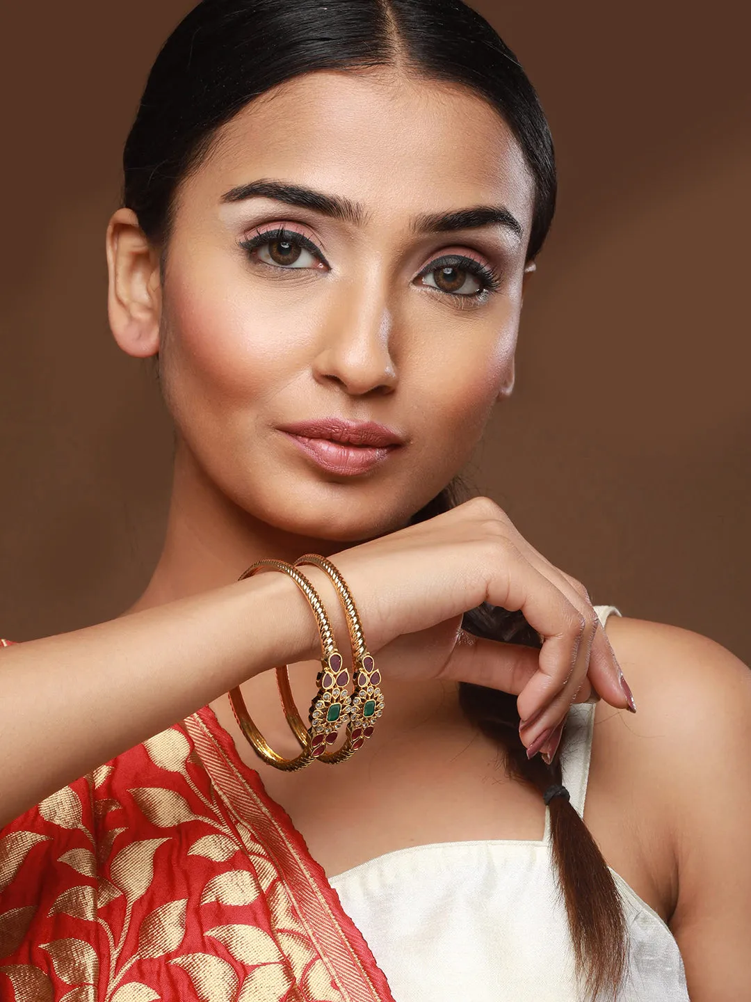 Set Of 2 24Ct Gold-Plated Stone-Studded Bangles