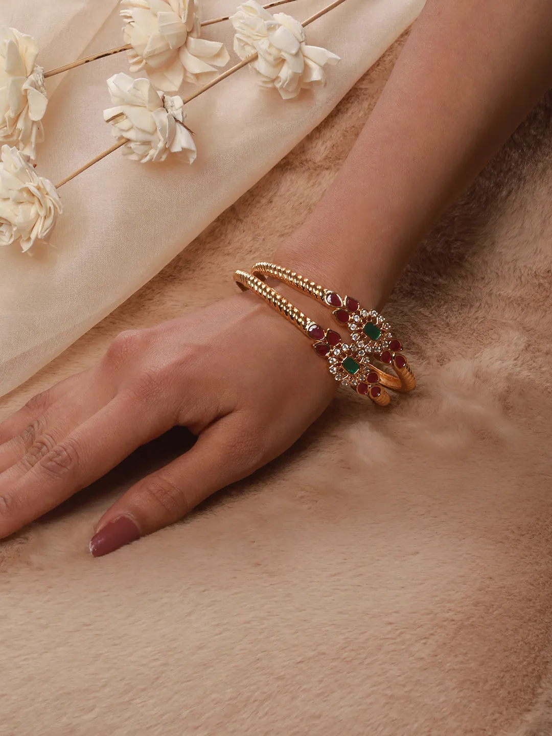 Set Of 2 24Ct Gold-Plated Stone-Studded Bangles