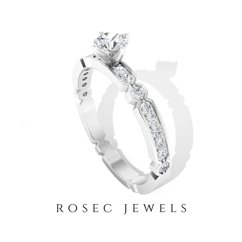 Shimmery Diamond Solitaire Engagement Ring with Side Stone