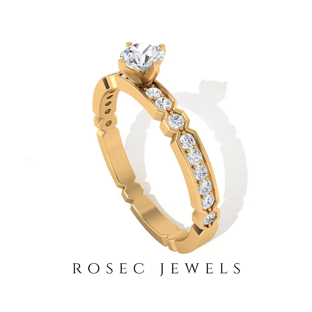 Shimmery Diamond Solitaire Engagement Ring with Side Stone