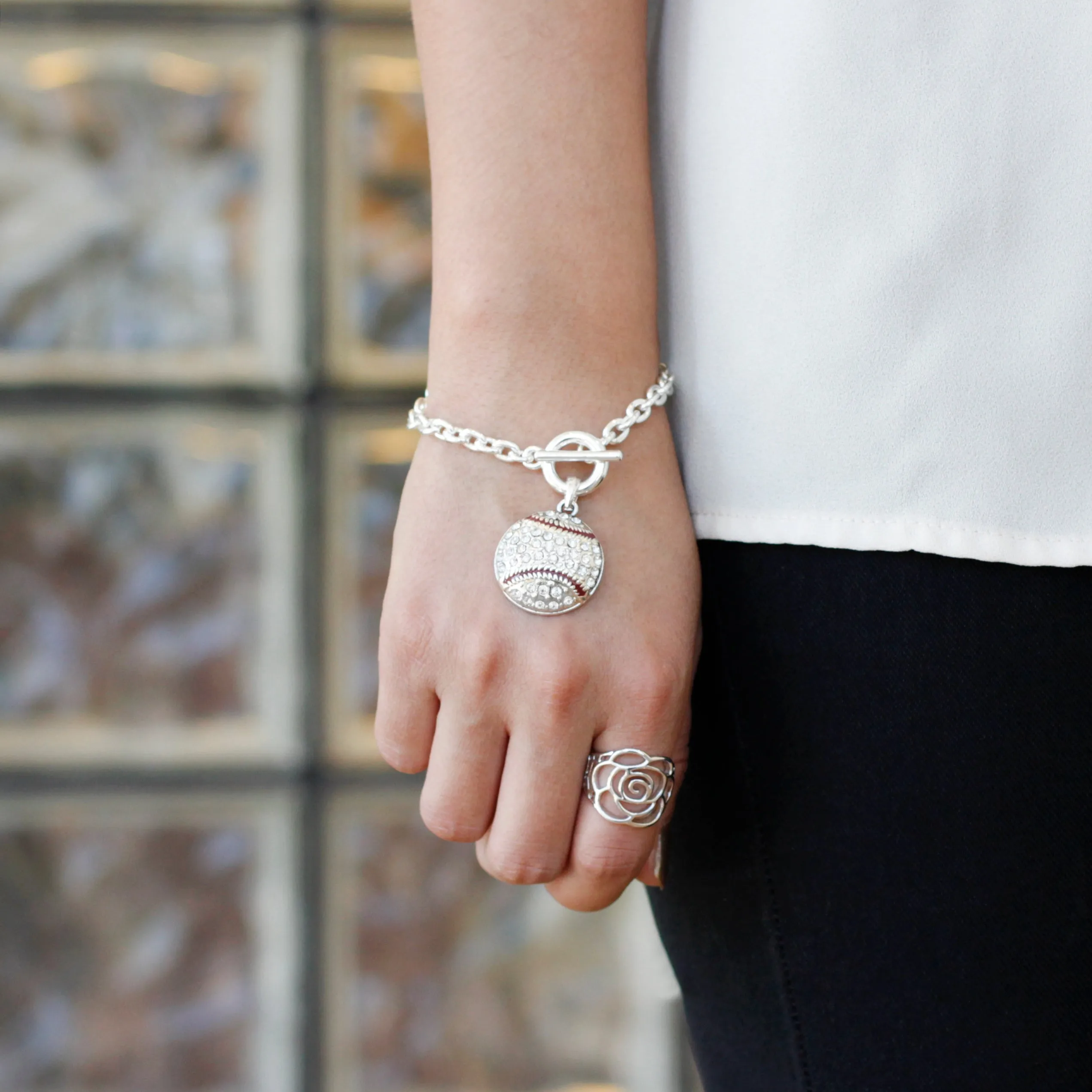 Silver Baseball Charm Toggle Bracelet