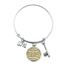 Silver Love Softball Bat Charm Wire Bangle Bracelet