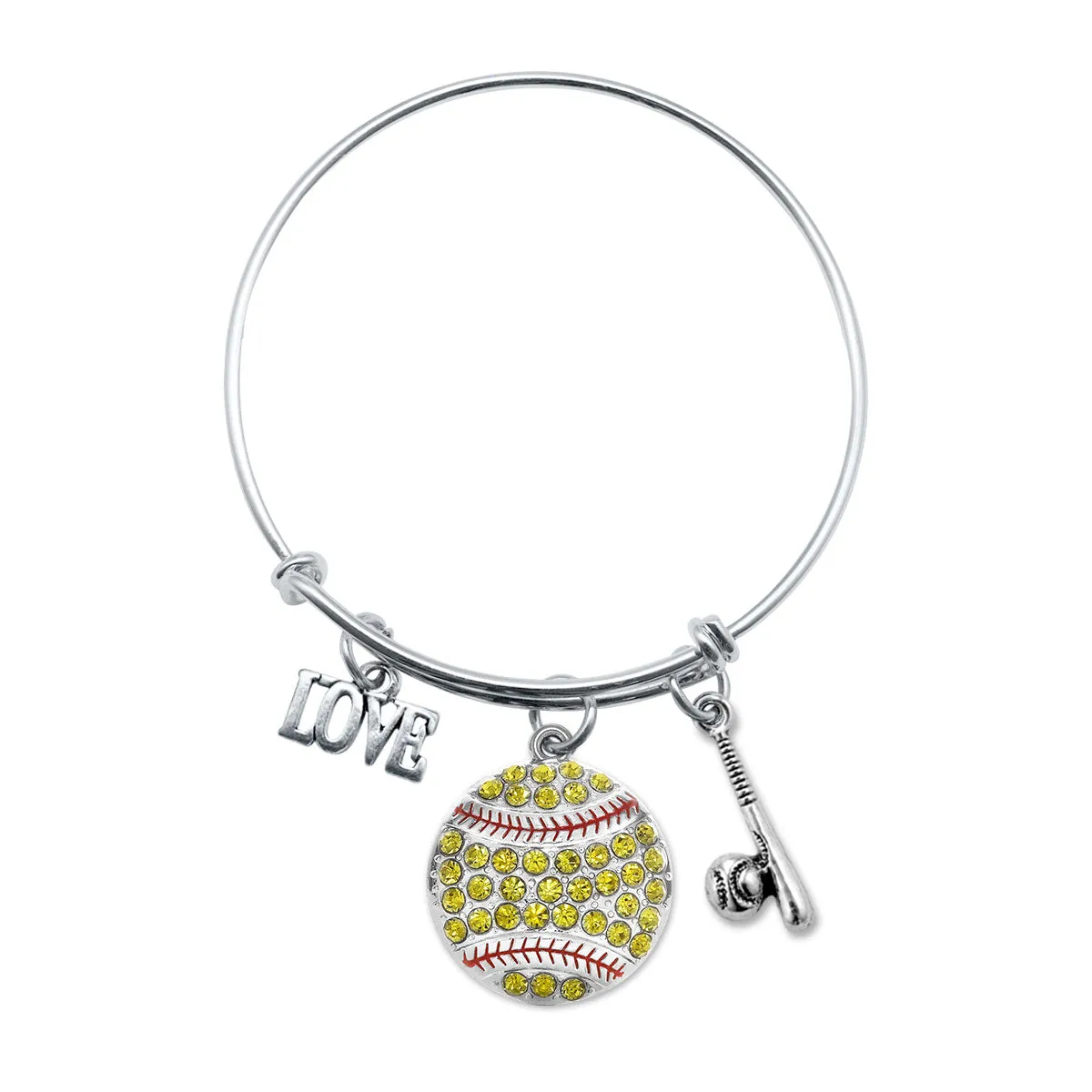 Silver Love Softball Bat Charm Wire Bangle Bracelet