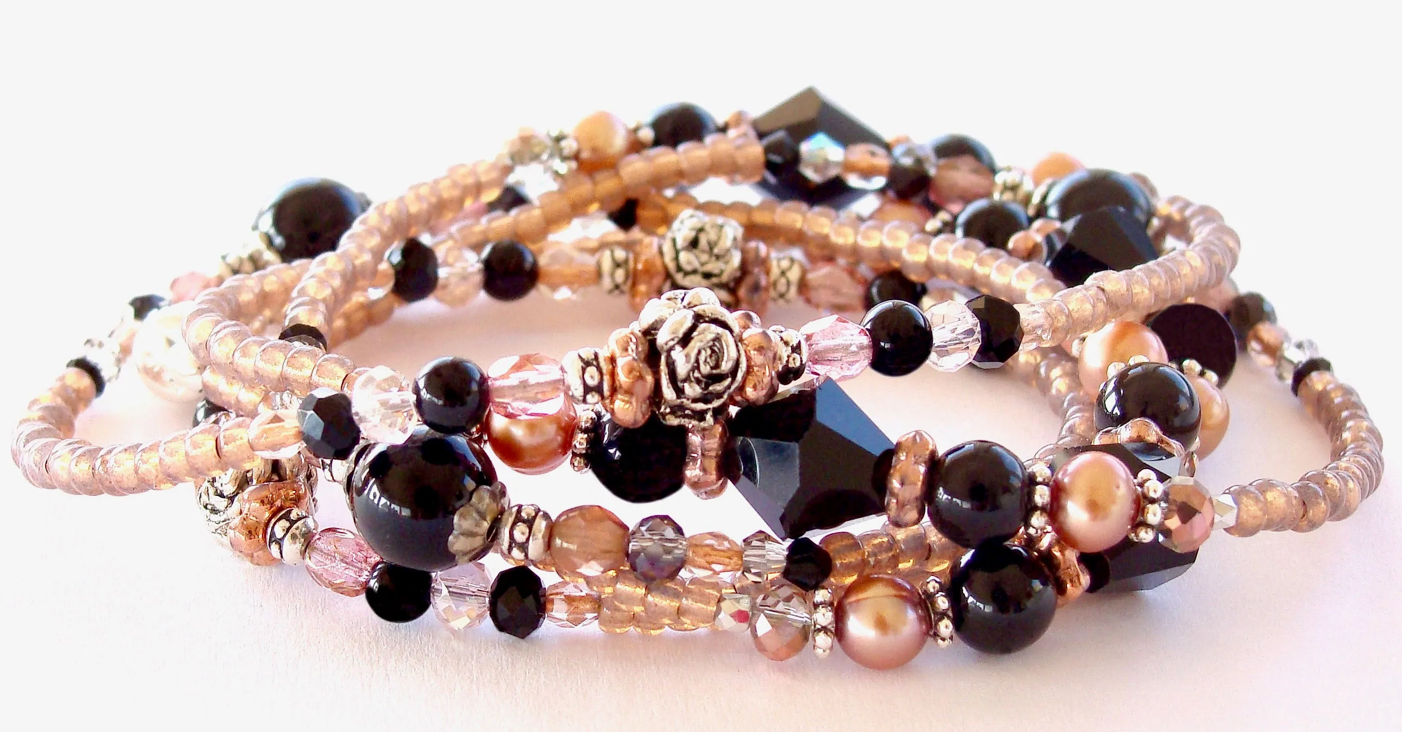 Siobhan: Beaded Wrap Bracelet in Black and Apricot