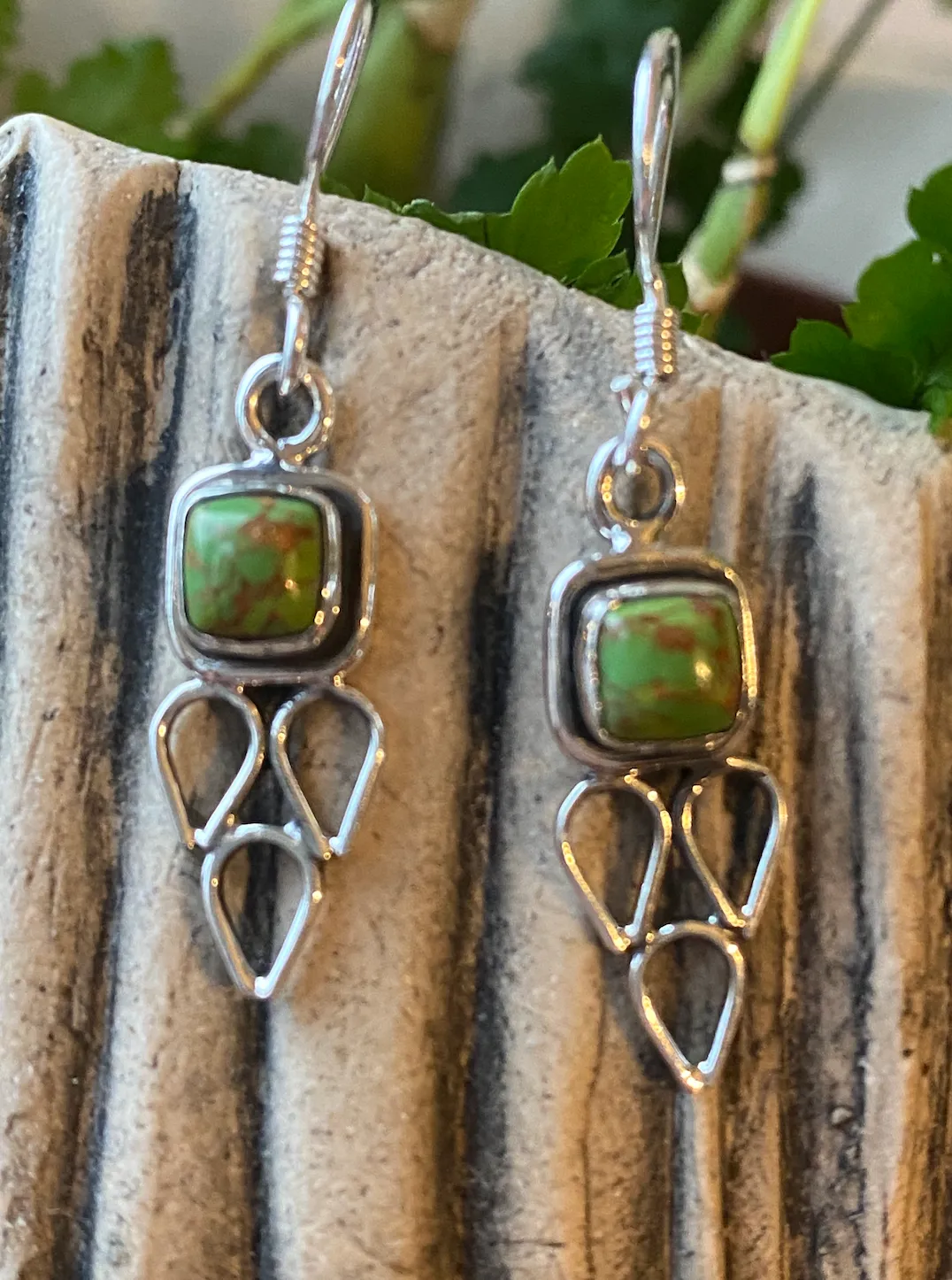Solid Silver Green Copper Turquoise Drop Earrings with Triple Triangle Detail