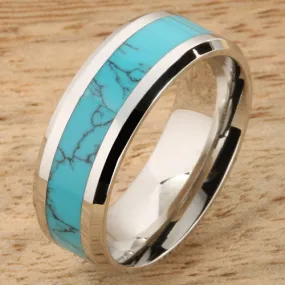 Stainless Steel Turquoise Inlaid Beveled Edge Wedding Ring 8mm