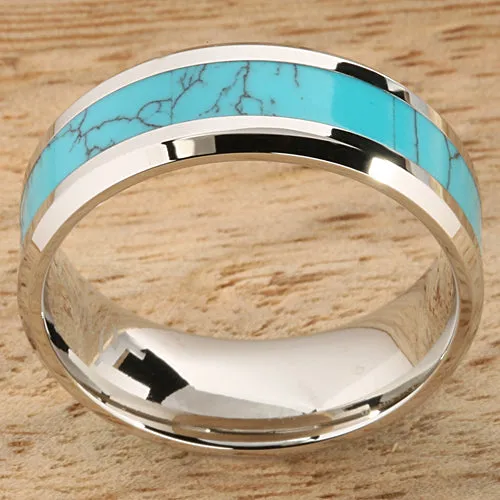 Stainless Steel Turquoise Inlaid Beveled Edge Wedding Ring 8mm