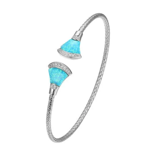 Sterling Silver 2mm Mesh Cuff with Synthetic Blue Opal & CZ's.