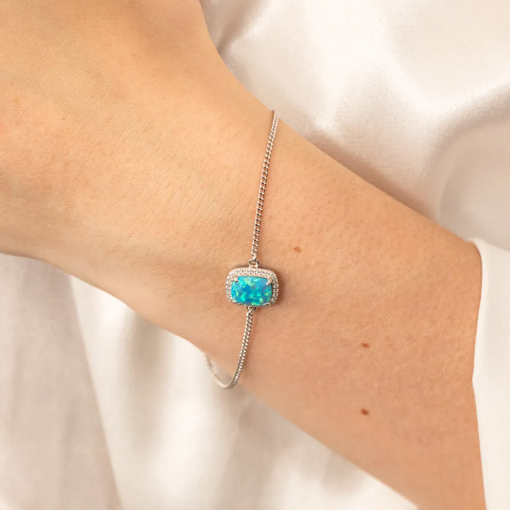Sterling Silver Rhodium Plated Rectangle Created Turquoise Opal And White Zirconia 15.5 3cm Bracelet