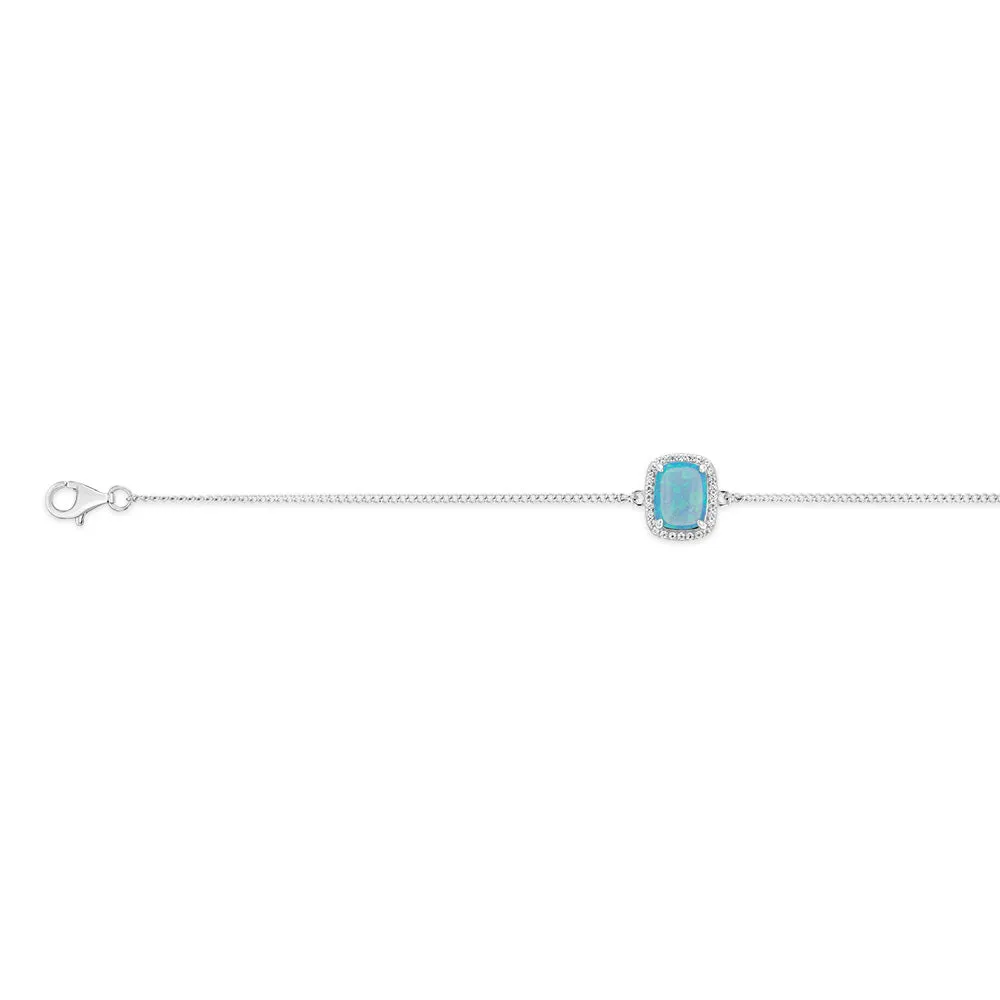 Sterling Silver Rhodium Plated Rectangle Created Turquoise Opal And White Zirconia 15.5 3cm Bracelet