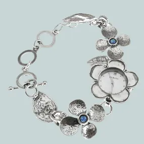 Sterling Silver Watch Bracelet for woman with flowers motives. Set with Pearl  or Blue Opal. Japanese Myota