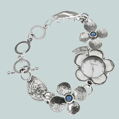 Sterling Silver Watch Bracelet for woman with flowers motives. Set with Pearl  or Blue Opal. Japanese Myota