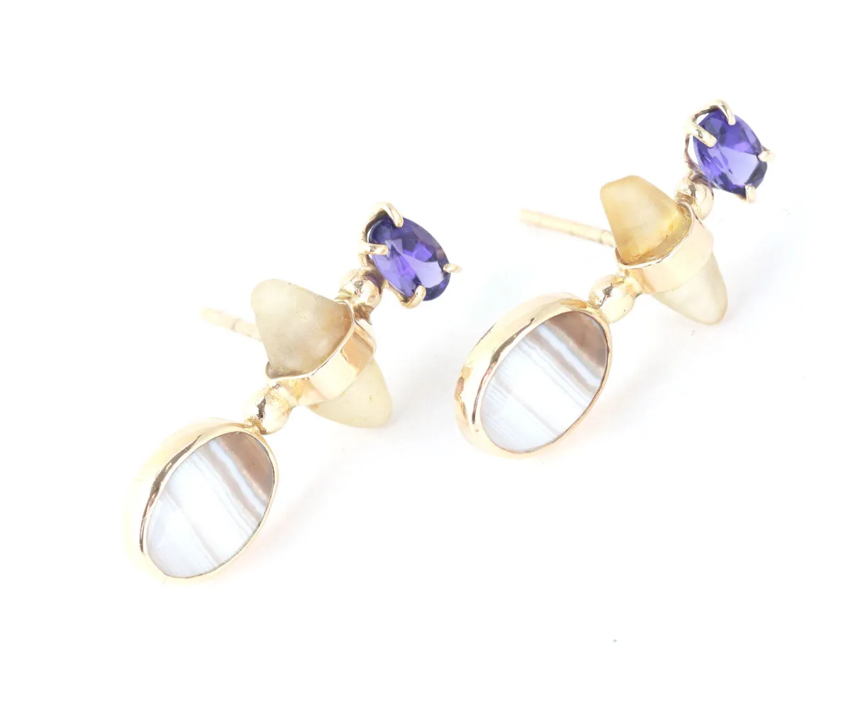 Tanzanite, Raw Sapphire, and Agate Drop Earrings