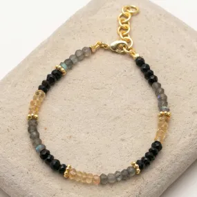 Tri Color Labradorite Black Onyx And Citrine Beaded Bracelet With 18K Gold Plated Extender Chain