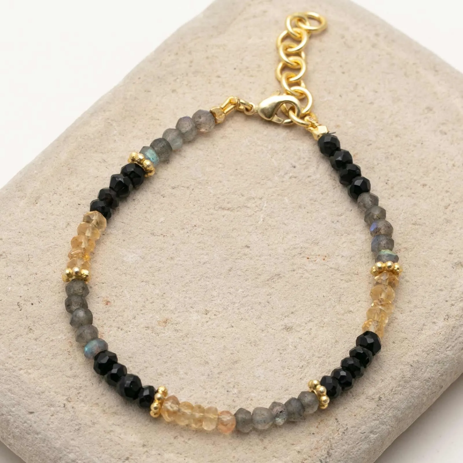 Tri Color Labradorite Black Onyx And Citrine Beaded Bracelet With 18K Gold Plated Extender Chain
