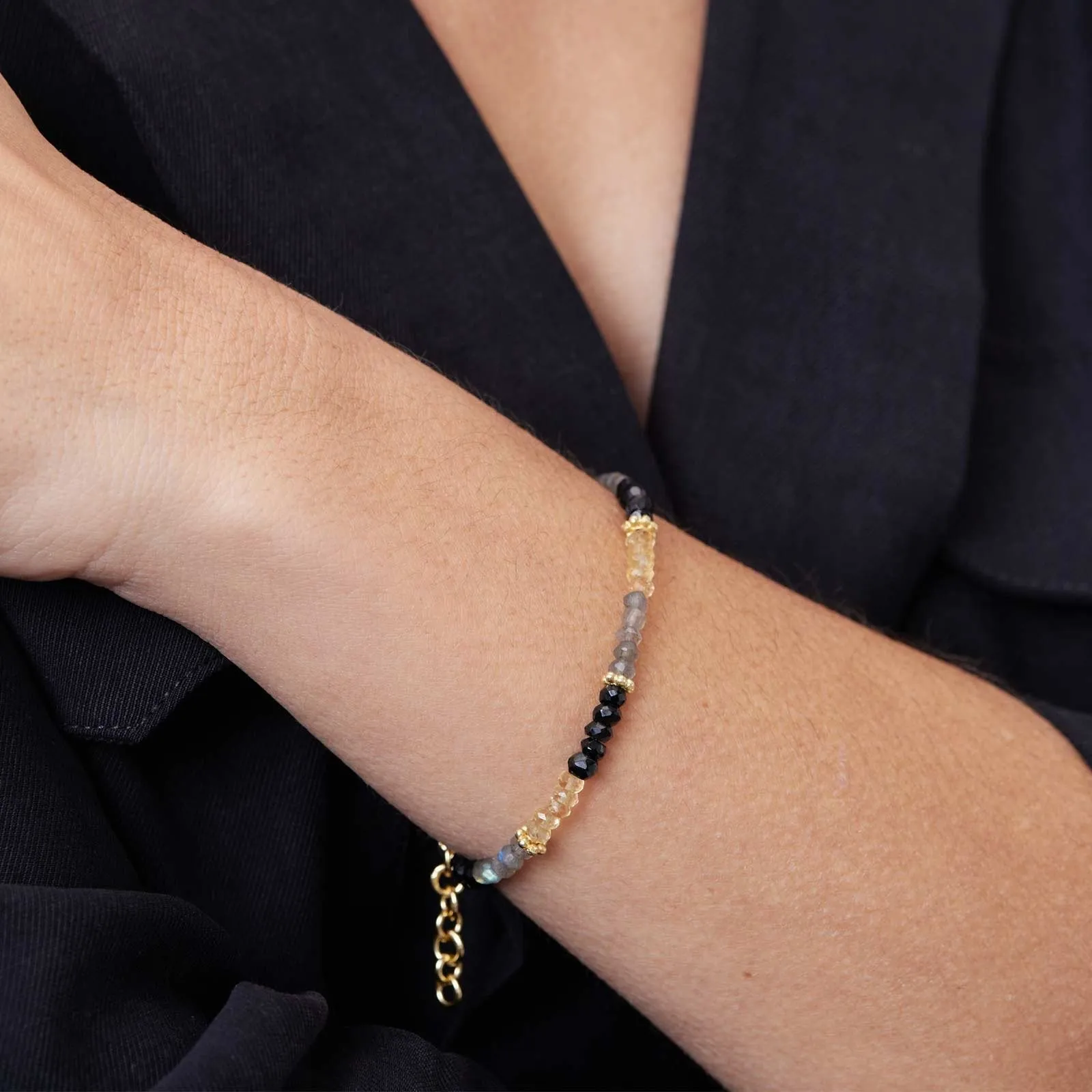 Tri Color Labradorite Black Onyx And Citrine Beaded Bracelet With 18K Gold Plated Extender Chain