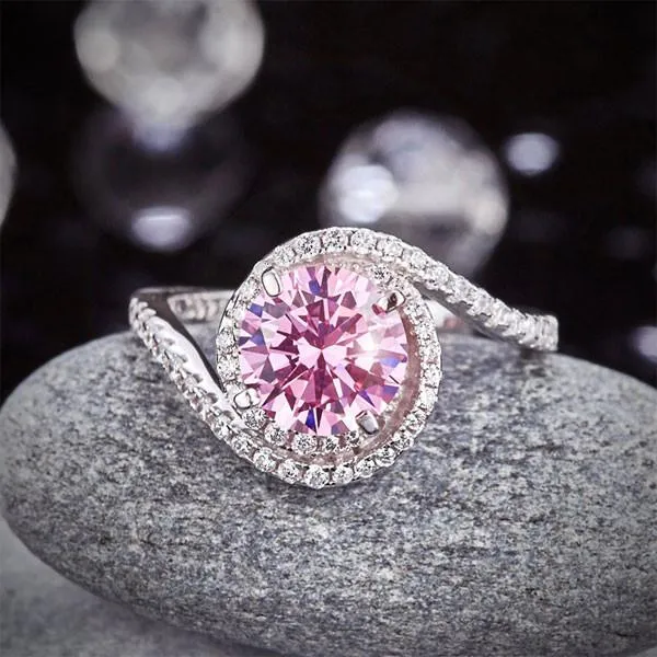 Twist Curl 925 Sterling Silver Wedding Engagement Ring 2 Ct Fancy Pink Simulated Diamond Promise Anniversary