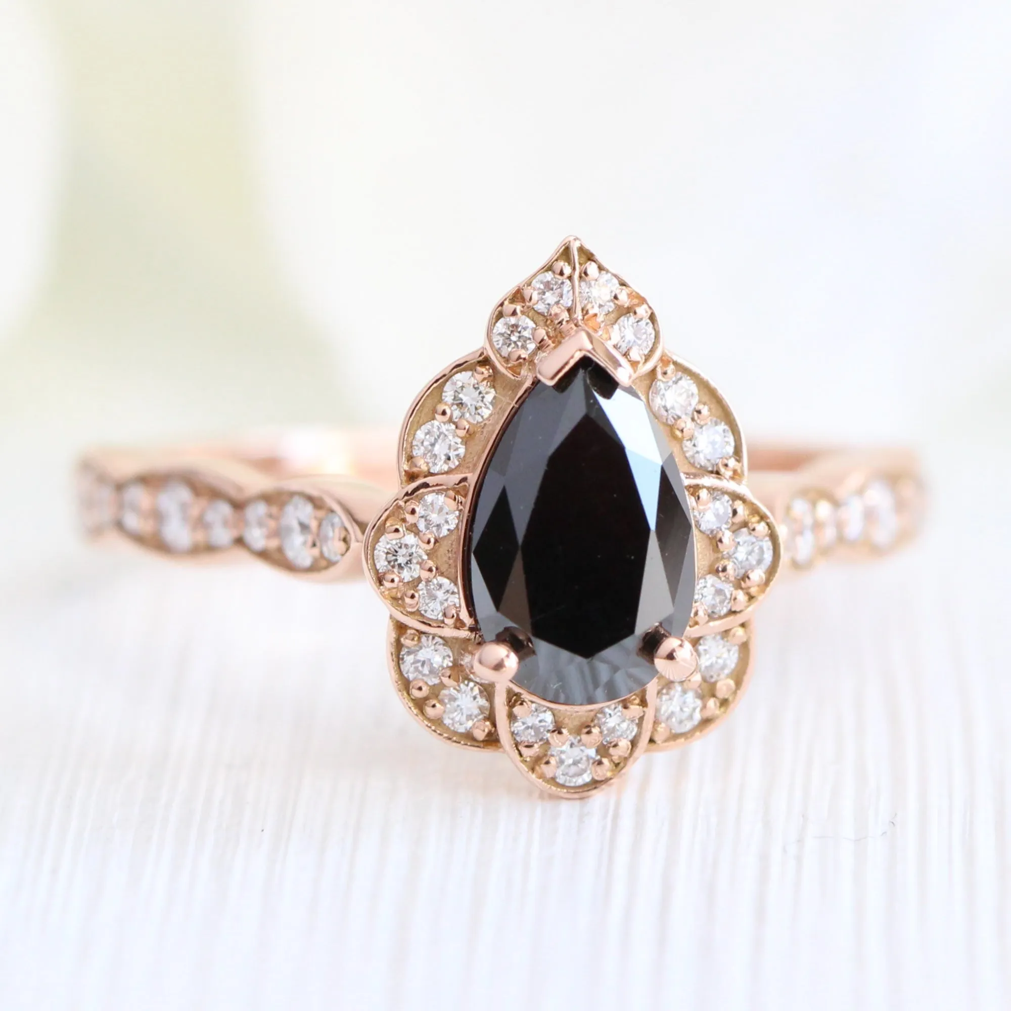 Vintage Floral Black Diamond Pear Ring w/ Black and White Diamond Crown Band