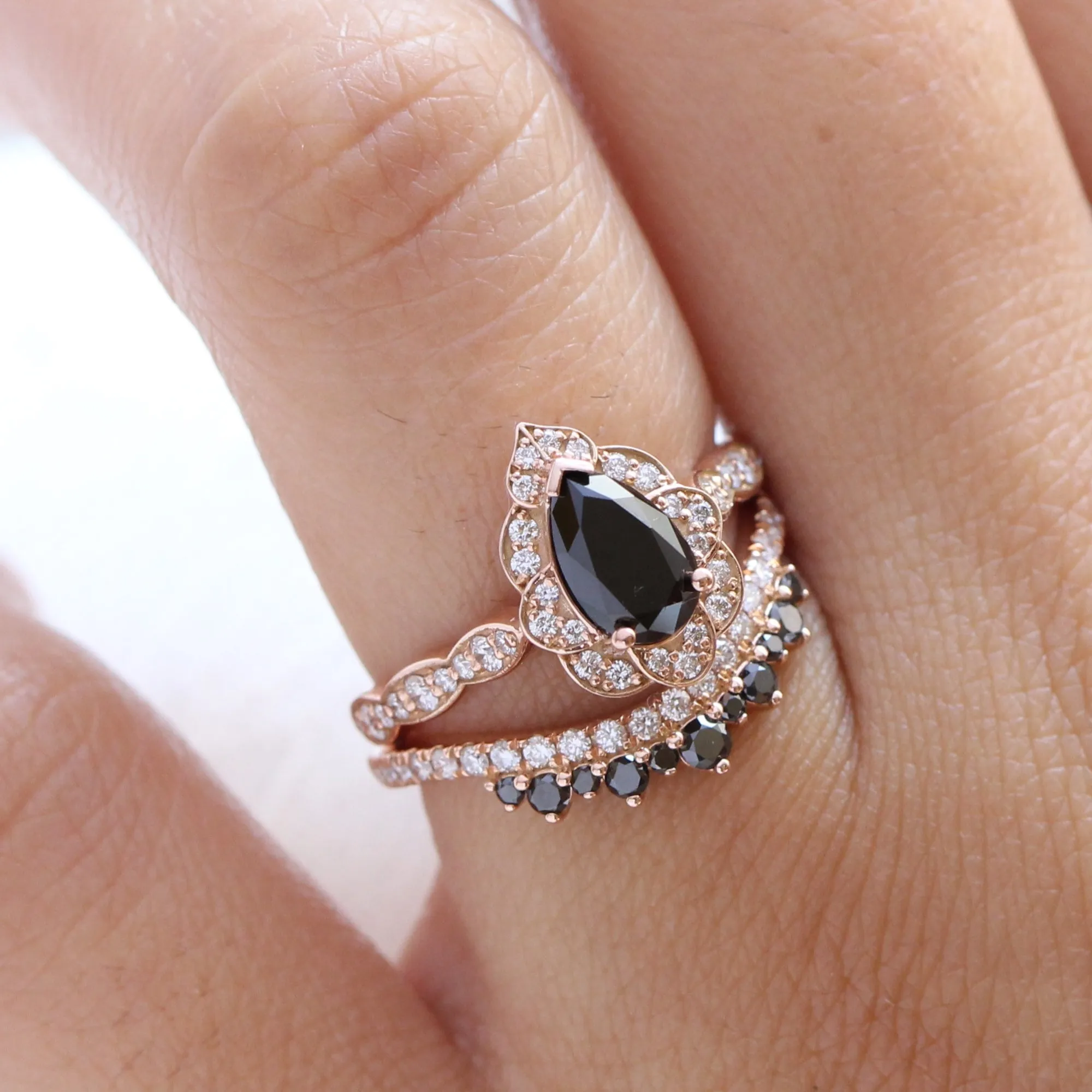 Vintage Floral Black Diamond Pear Ring w/ Black and White Diamond Crown Band