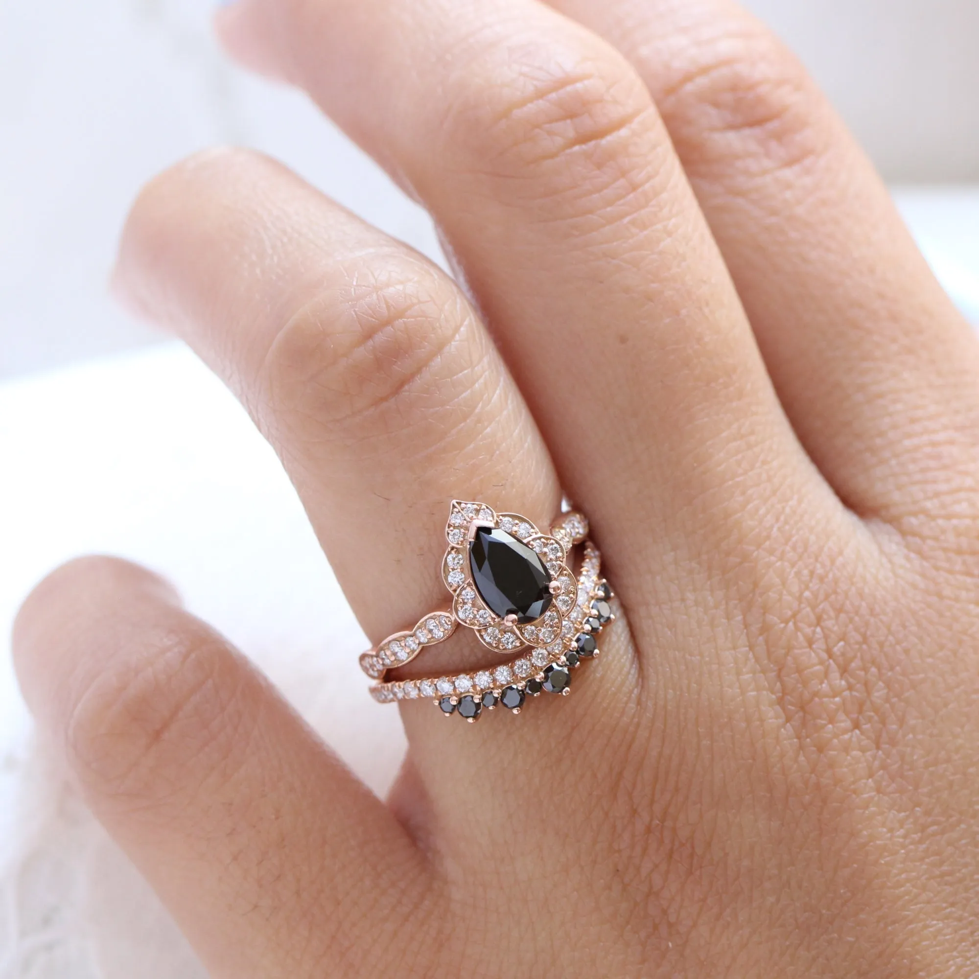 Vintage Floral Black Diamond Pear Ring w/ Black and White Diamond Crown Band