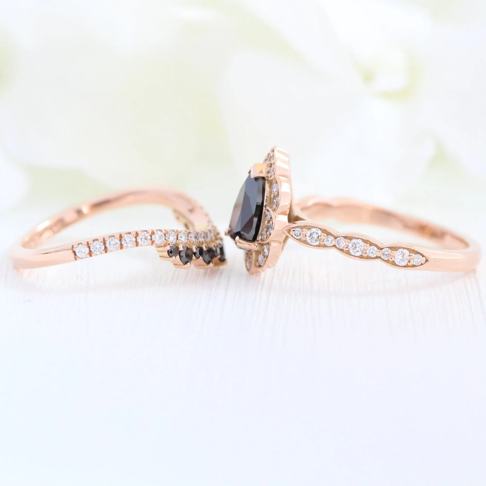 Vintage Floral Black Diamond Pear Ring w/ Black and White Diamond Crown Band