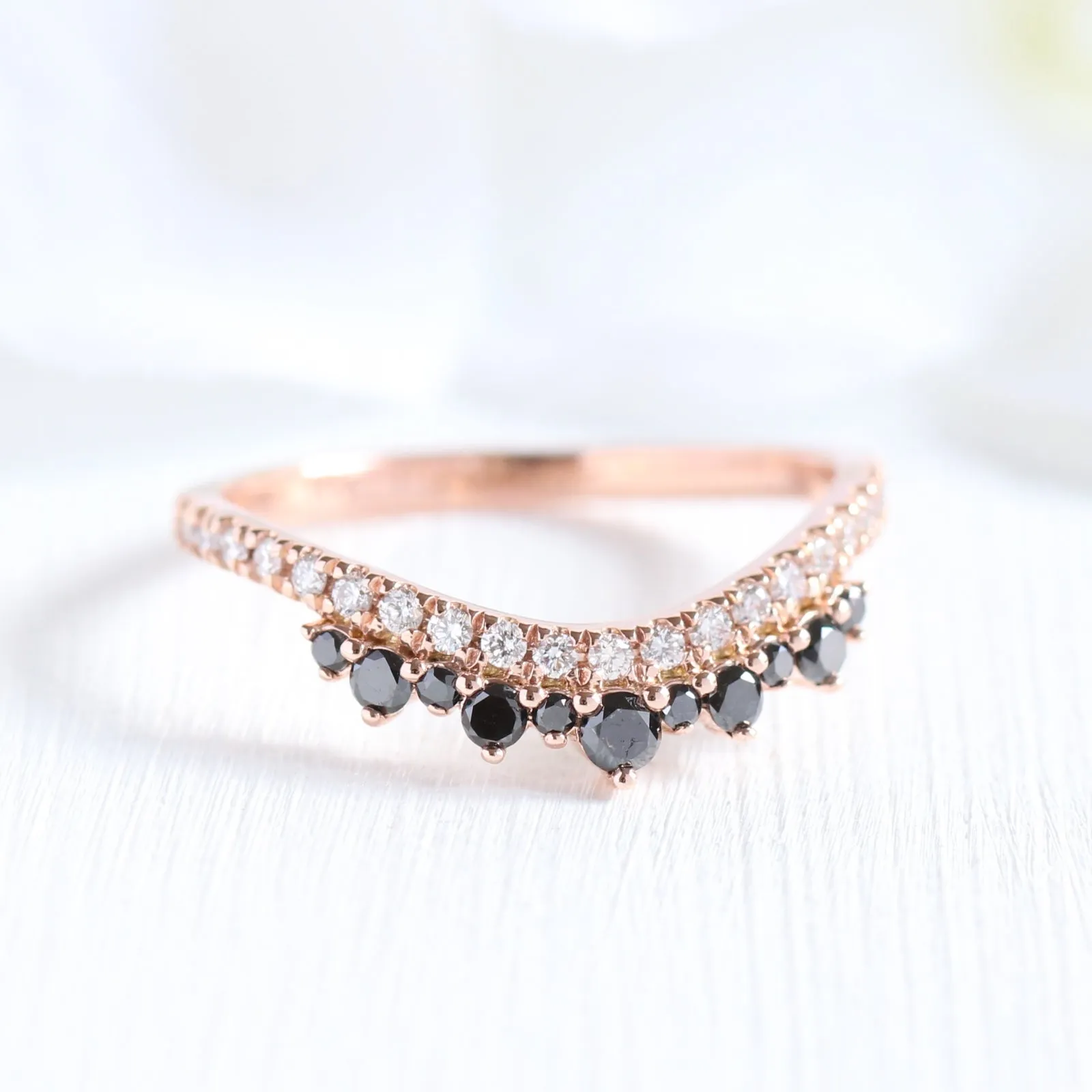 Vintage Floral Black Diamond Pear Ring w/ Black and White Diamond Crown Band