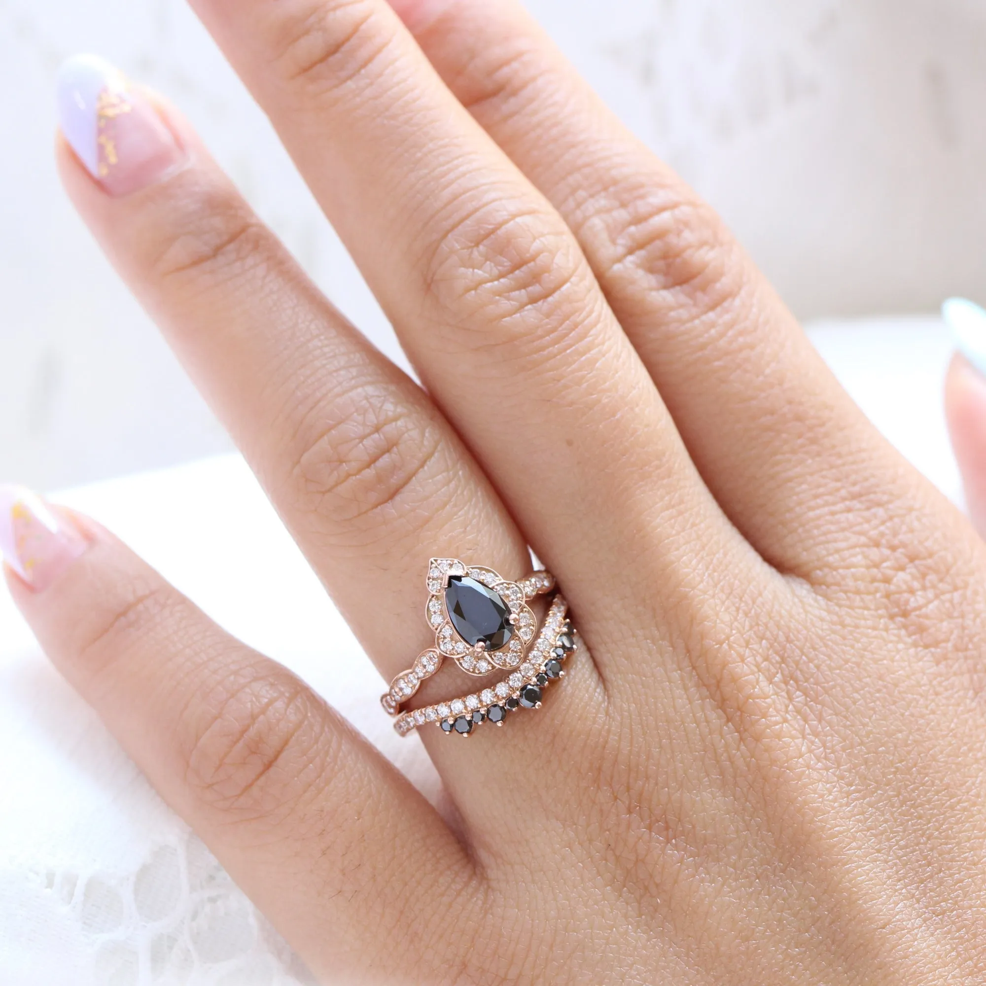 Vintage Floral Black Diamond Pear Ring w/ Black and White Diamond Crown Band