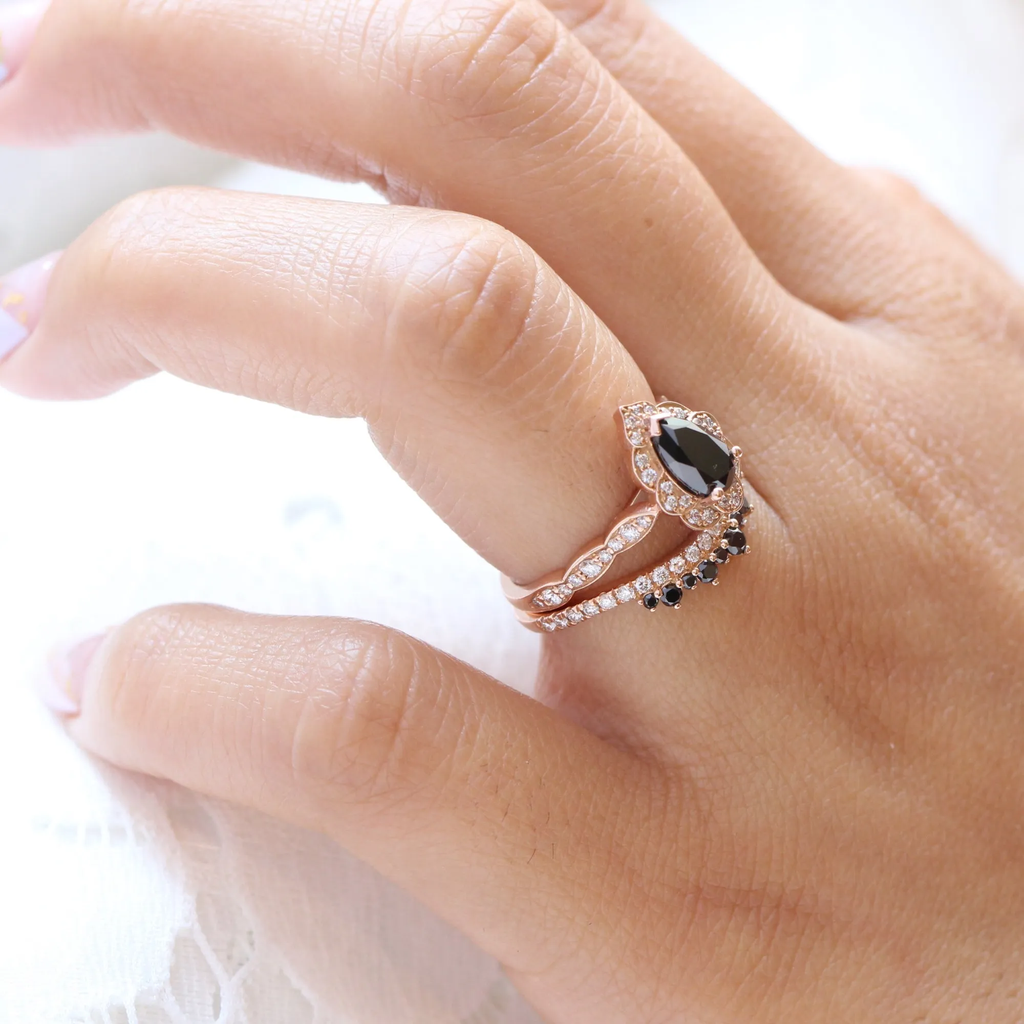 Vintage Floral Black Diamond Pear Ring w/ Black and White Diamond Crown Band