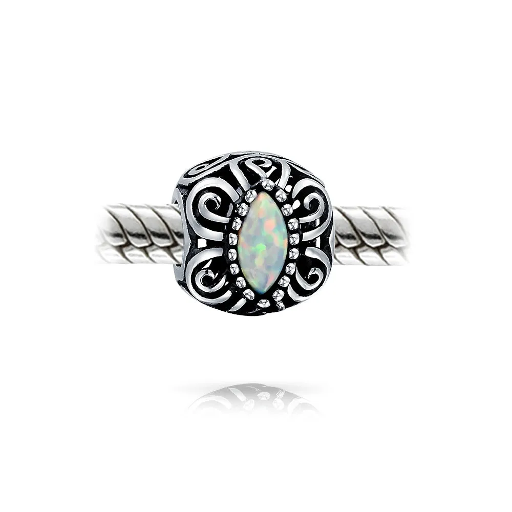 Vintage Opal Scroll Milgrain Charm Bead in Sterling Silver for European Bracelet