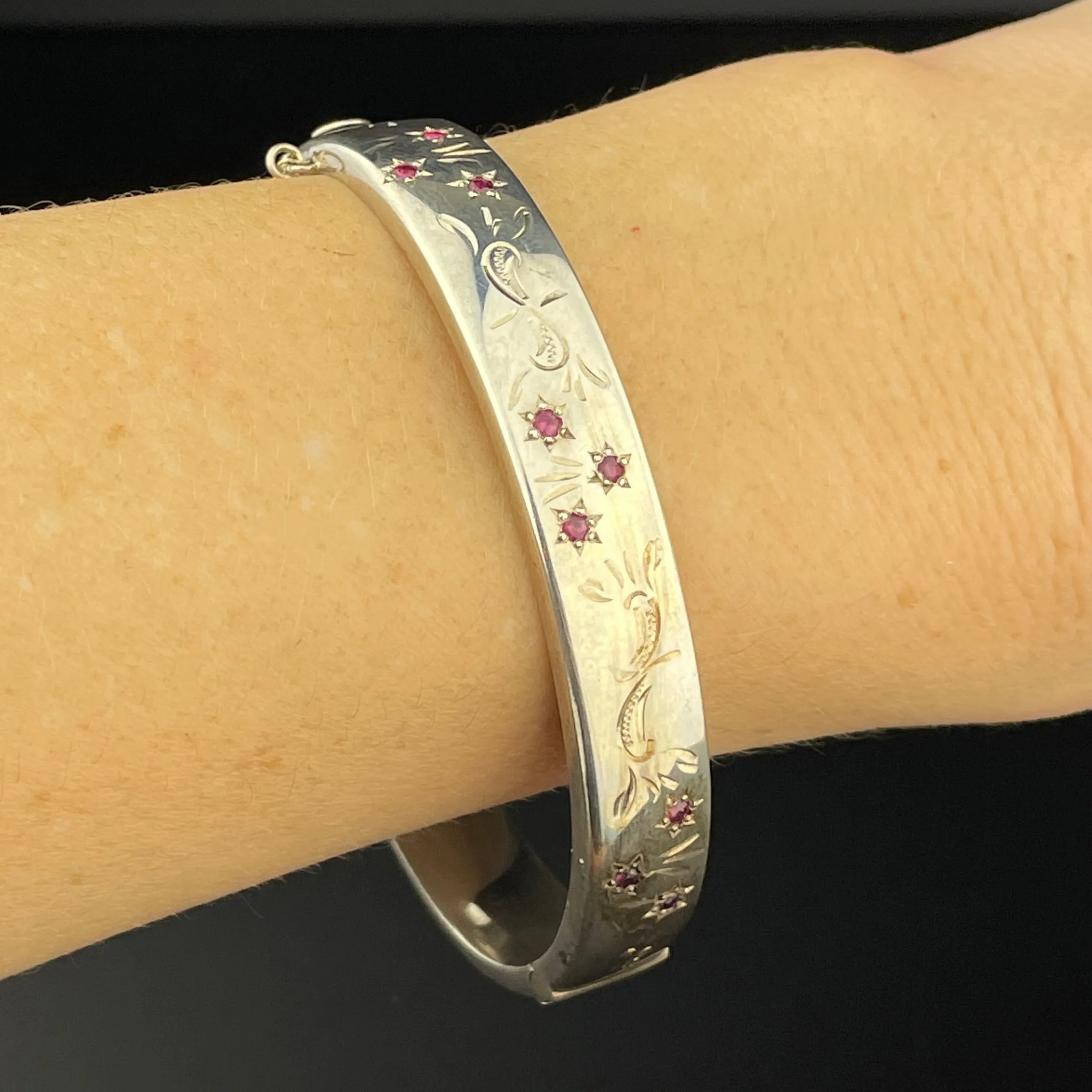 Vintage Silver Engraved Ruby Bangle Bracelet